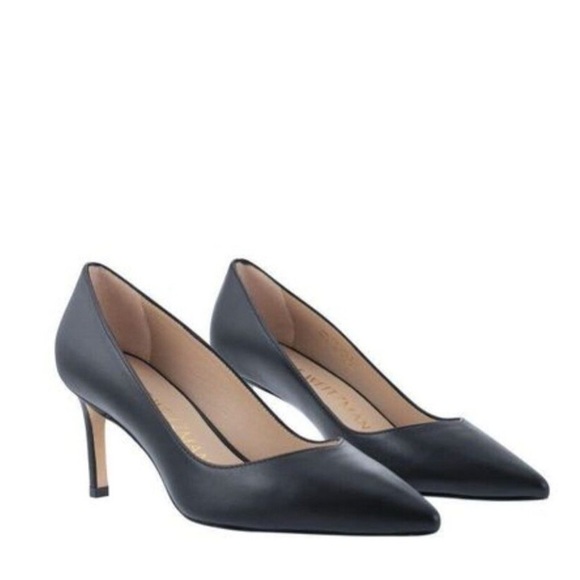 Stuart Weitzman Classic Leather Pointed Black Pumps Kitten Heel Anny 70 - Picture 1 of 12